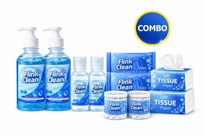 Flink Clean product range including bottles, boxes, and tissues on a white background