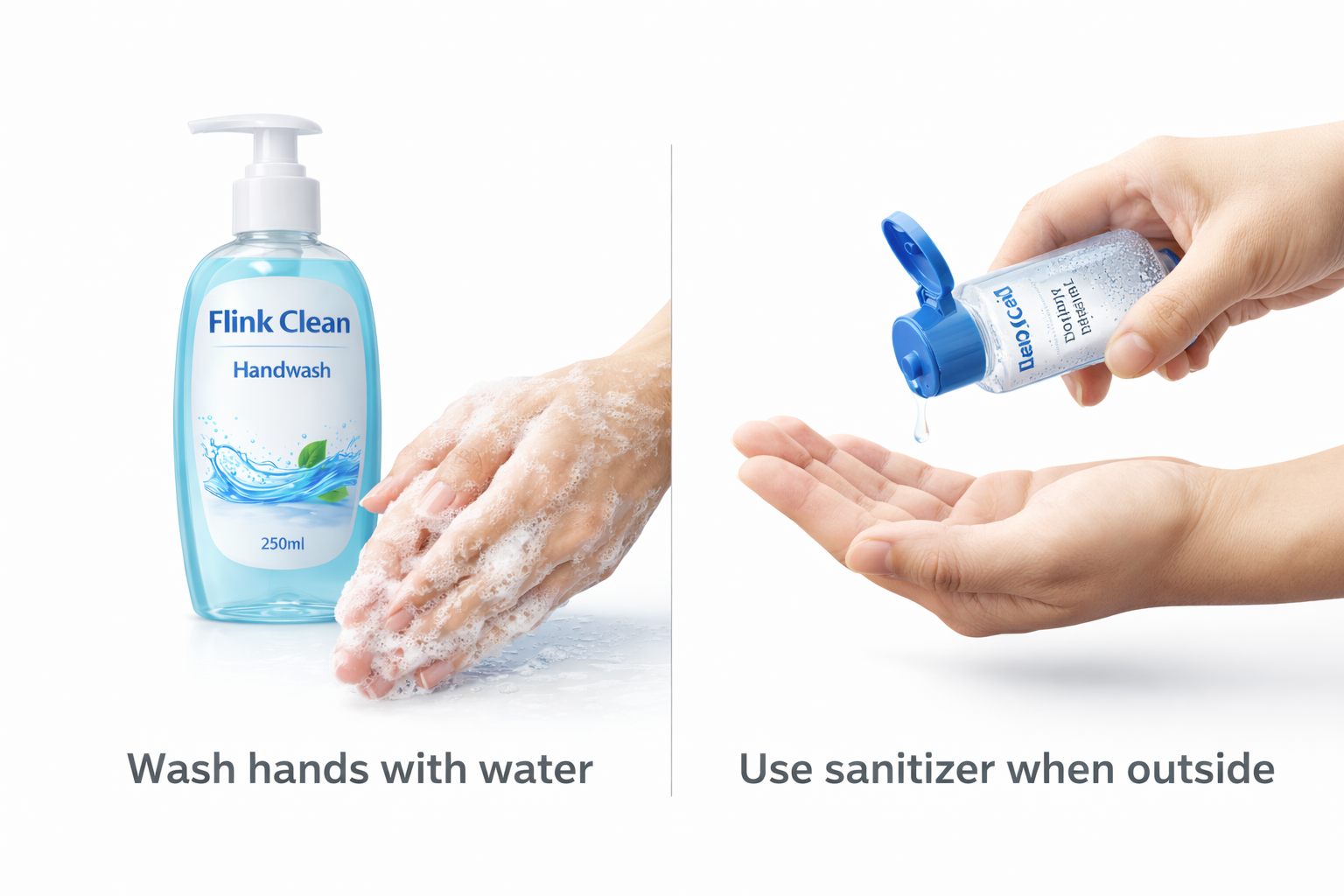 Two images showing handwashing with water and using sanitizer, featuring the Flink Clean brand.
