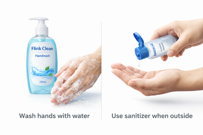 Two images showing handwashing with water and using sanitizer, featuring the Flink Clean brand.