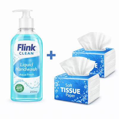 Flink Clean Aqua Fresh Handwash 250ml (Pack of 1) + Tissue Paper Pack of 2 | Daily Hygiene Combo