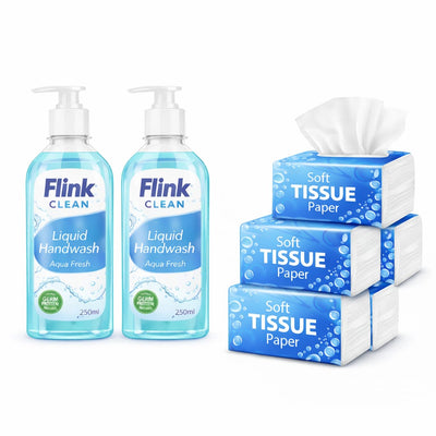 Flink Clean Aqua Fresh Handwash 250ml (Pack of 2) + Tissue Paper Pack of 5 | Hygiene Combo Offer