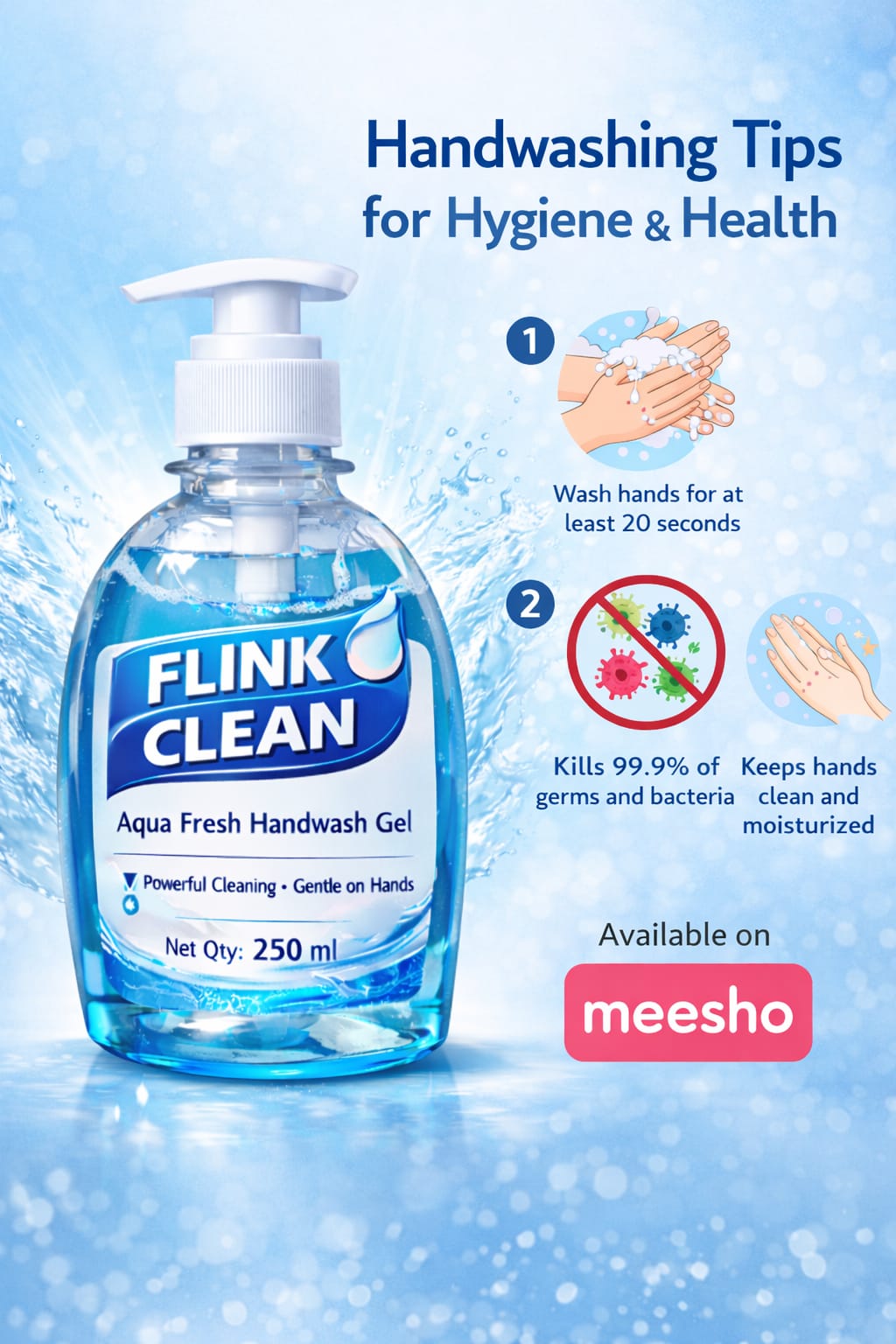 Flink Clean handwash gel bottle with handwashing tips on a blue background