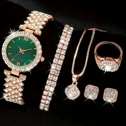 Luxury Diamond-Embedded Women’s Watch & Jewelry Set – 5 Piece Premium Gift Collection