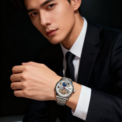 Mens Openwork Moon Phase Tourbillon Automatic Mechanical Watch