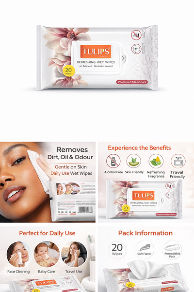 Tulips Refreshing Wet Wipes Pack of 20 | Alcohol-Free, Skin Friendly Daily Use Wipes