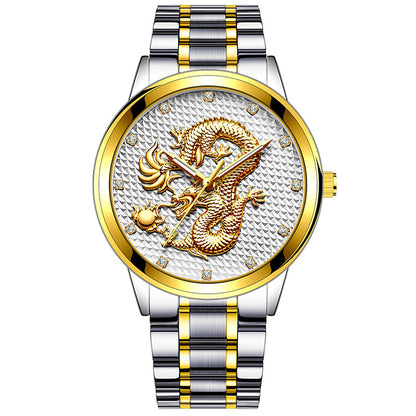 Embossed Golden Dragon Playing With Beads Diamond-inlaid Casual Business Quartz Watch