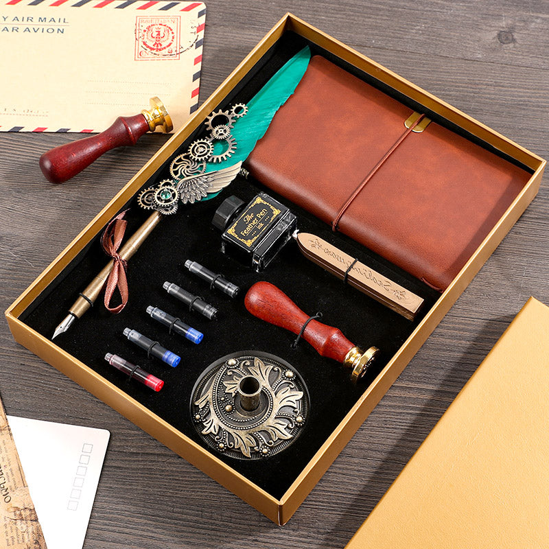 Vintage Feather Pen & Retro Notebook Gift Box Set – Luxury Writing Kit for Men & Women