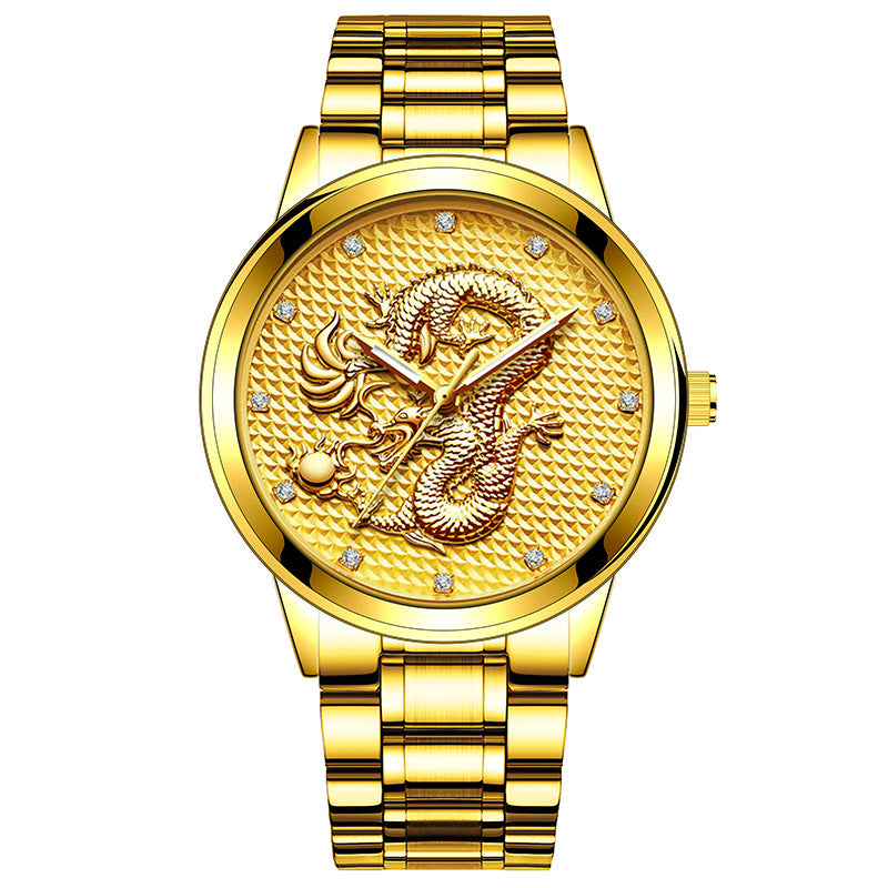 Embossed Golden Dragon Playing With Beads Diamond-inlaid Casual Business Quartz Watch