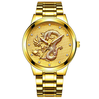 Embossed Golden Dragon Playing With Beads Diamond-inlaid Casual Business Quartz Watch