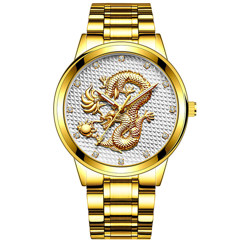 Embossed Golden Dragon Playing With Beads Diamond-inlaid Casual Business Quartz Watch
