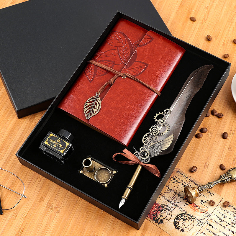 Vintage Feather Pen & Retro Notebook Gift Box Set – Luxury Writing Kit for Men & Women