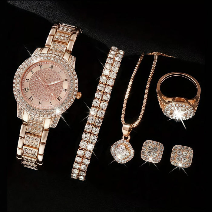 Luxury Diamond-Embedded Women’s Watch & Jewelry Set – 5 Piece Premium Gift Collection