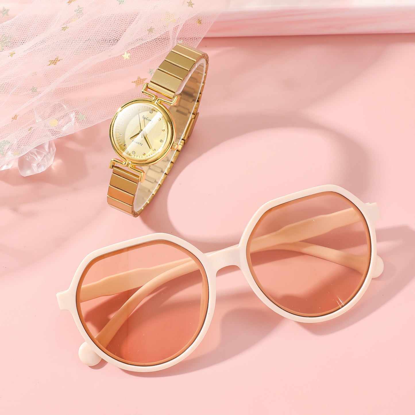 Luxury Women’s Steel Watch Combo Set – Watch, Wallet & Sunglasses Gift Kit