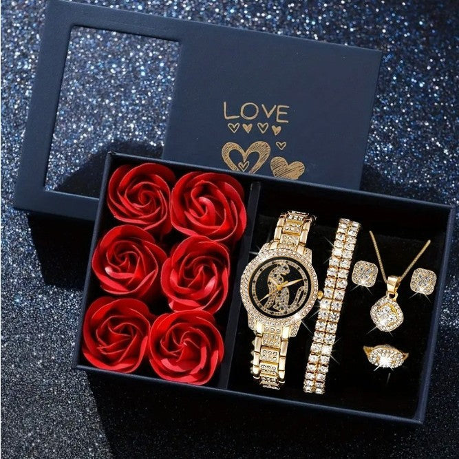 Luxury Diamond-Embedded Women’s Watch & Jewelry Set – 5 Piece Premium Gift Collection
