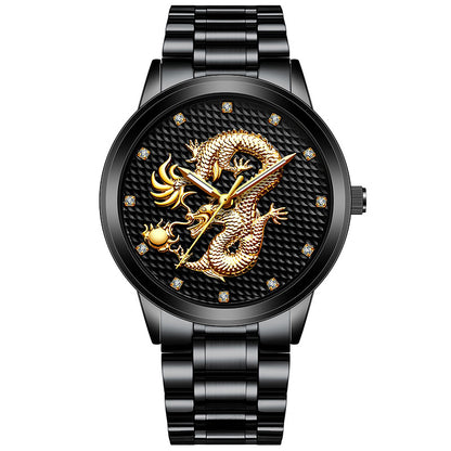Embossed Golden Dragon Playing With Beads Diamond-inlaid Casual Business Quartz Watch