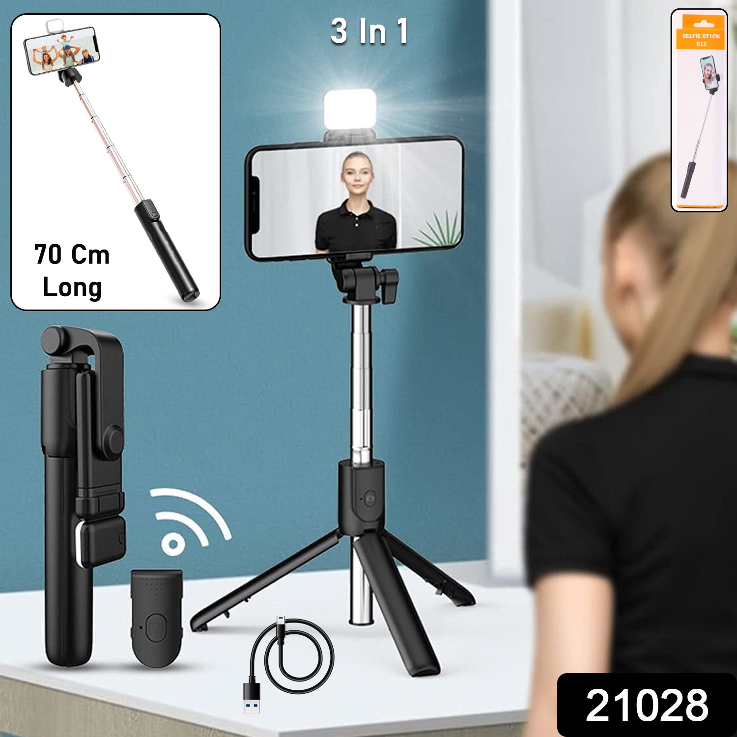 3 in 1 wired selfie stick with tripod and light 70cm